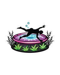 A person dives into a pool filled with vibrant neon colors, surrounded by greenery.