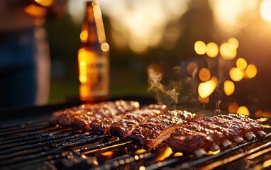 Close-up of delicious grilled ribs and a bottle of beer at an outdoor barbecue with a warm sunset in the background.