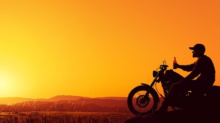 Silhouette of a person with a motorcycle watching a sunset, enjoying a beverage, creating a serene and adventurous scene.