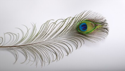 A peacock feather floats slowly on the withe background.