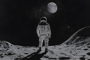 Obraz premium A solitary astronaut standing on a barren moon, looking at the stars.