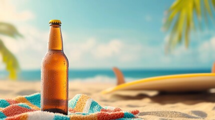 Chilled beer bottle on a sandy beach with a colorful towel and surfboard, perfect summer scene with bright sunny day near the ocean.