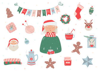 Christmas set. Symbols of Christmas. Christmas sock, cookies, Christmas tree toys, Christmas wreath and other elements. Vector illustration. 