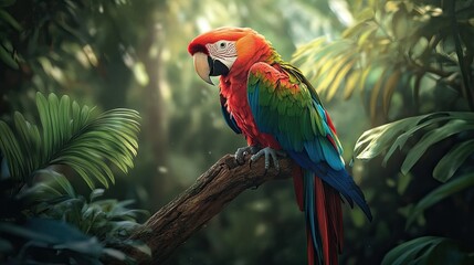 Obraz premium A colorful parrot perched on a branch, its vibrant plumage contrasting with the lush green foliage.