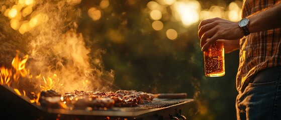 A person grilling meat outdoors while holding a cold drink. The flames and sunset add warmth to the scene, creating a cozy atmosphere.