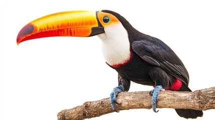 Naklejka premium A colorful toucan perched on a branch, its large, brightly colored beak contrasting with its black body.
