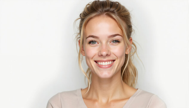 Portrait of a beautiful blonde woman smiling, her hair is tied up in a bun and she is wearing a light-colored top with short sleeves, on a white background.