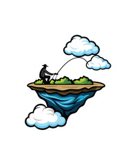 A man fishing from a floating island in the sky.