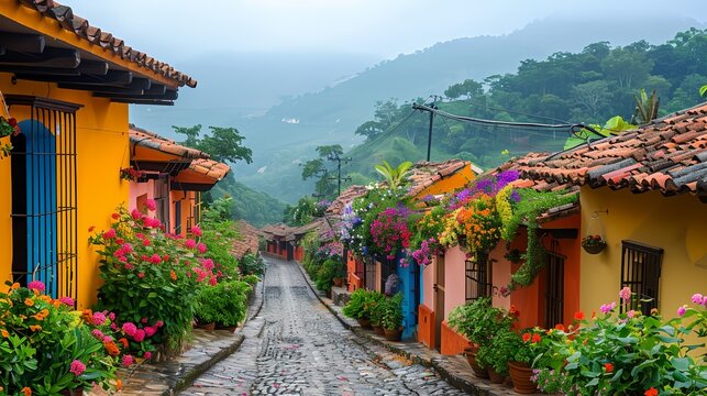 Fototapeta a cobblestone street with colorful flowers