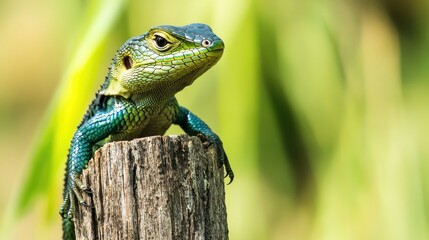 Fototapeta premium A Common Green forest lizard hunting for insects on a wooden pole, its sharp eyes scanning the surroundings for prey.