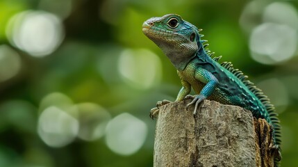 Obraz premium A Common Green forest lizard hunting for insects on a wooden pole, its sharp eyes scanning the surroundings for prey.