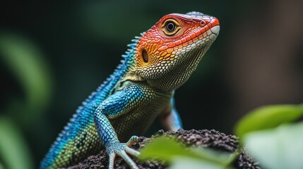Fototapeta premium A Common Green forest lizard shedding its skin, revealing a fresh layer of vibrant, gradient-colored scales.
