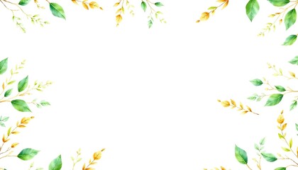 Naklejka premium Delicate branches with soft yellow flowers and green leaves framing a white background