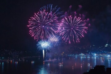 Fireworks on the dark sky background. Colorful fireworks from Loto Quebec in Quebec, Canada. Abstract colored firework background with free space for text. fireworks light up the night sky , ai