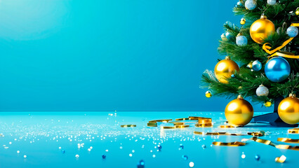 happy new year with a green fir tree decorated with yellow and blue balls on a light gold background
