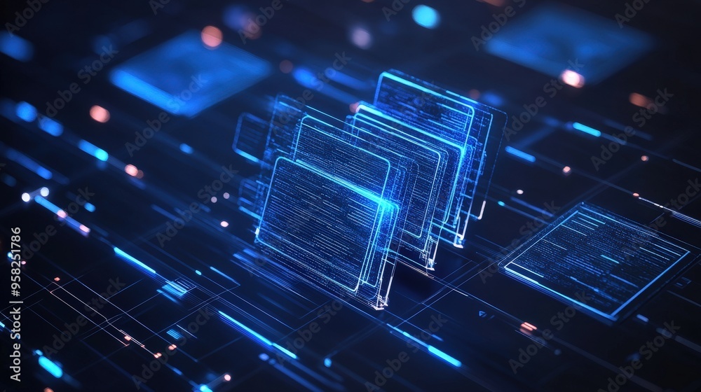 Poster abstract network grid with files and folders, futuristic software interface, digital document manage