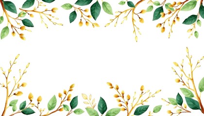 Delicate branches with soft yellow flowers and green leaves framing a white background