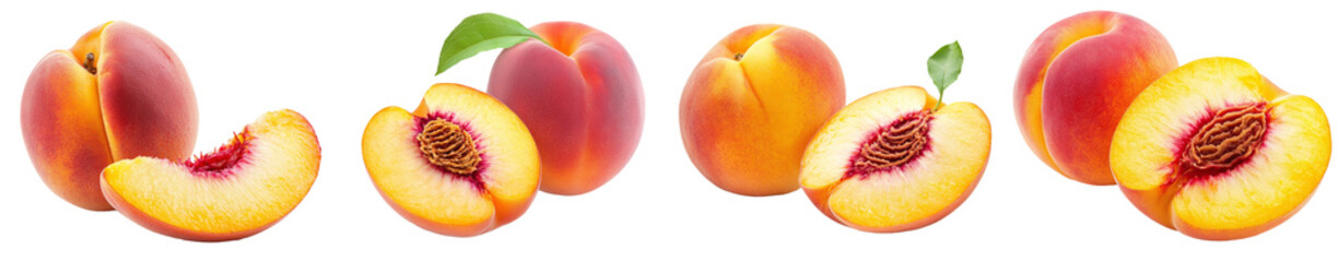 The Peach isolate has been sliced. The Peach with leaf has been placed on a white background in full depth of field, with clipping path.