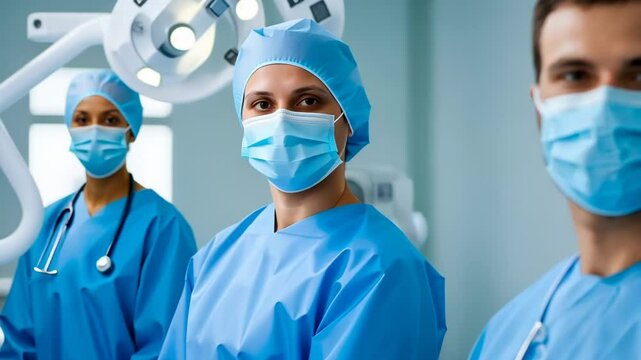 A team of diverse medical professionals in surgery wearing masks and scrubs, symbolizing teamwork and healthcare during National Nurses Week and World Health Day - Powered by Adobe