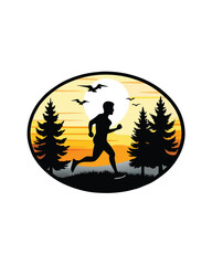 A silhouette of a person jogging in a park at sunrise with birds flying overhead and trees on either side.