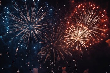 Obraz premium Fireworks on the dark sky background. Colorful fireworks from Loto Quebec in Quebec, Canada. Abstract colored firework background with free space for text. fireworks light up the night sky , ai