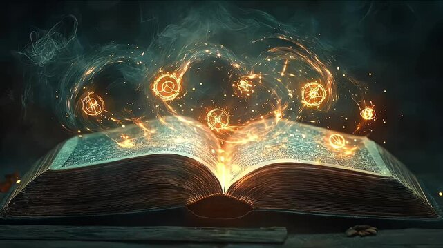 Ancient, leather-bound spell book adorned with mystical symbols and illuminated pages. Glowing magical energy swirls around the artifacts and amulets