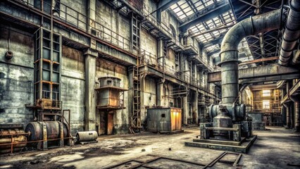abandoned power plants industrial machinery gray concrete walls desaturated colors high contrast dramatic lighting urban decay concept gritty realism style