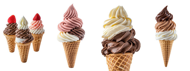 Real edible ice cream cone with three scoops (vanilla, chocolate, strawberry) on a white background