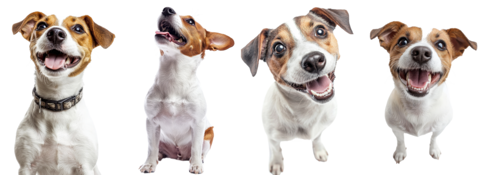 Smiley smiling dog. White background. Don't worry, be happy attitude. Positive emotions.