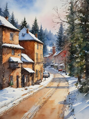 First snowfall of the season covering a small village, winter weather, fresh and clean