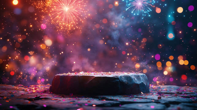 empty stone plattform for product advertising and placement with a festive fireworks and confetti background