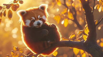 Fototapeta premium A Himalayan red panda perched on a branch at sunset, its fur glowing in the warm light.