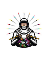 A person in a white hooded sweater is knitting a colorful scarf with knitting needles.