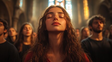 Obraz premium Young woman meditating with eyes closed, surrounded by a group of people in a serene and spiritual environment. Mindfulness practice in a religious setting. Culture and Religion