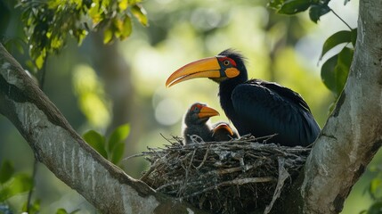 Obraz premium A Hornbill feeding its young in a nest, high up in a tree.