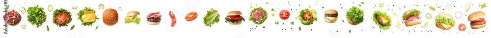 Poster isolated images of different kinds of burgers with their ingredients stacked in layers