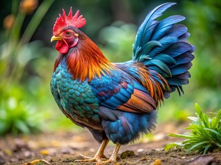 Fototapeta premium The blue copper Maran hen stretches her vibrant plumage, showcasing iridescent feathers in shades of blue and green, glistening in the sunlight.