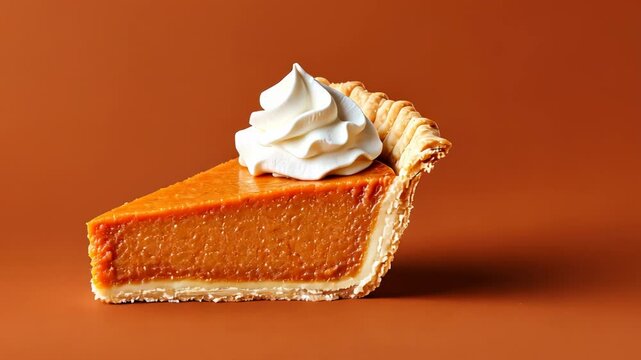A slice of pumpkin pie topped with whipped cream, perfect for Thanksgiving and autumn celebrations, isolated on an orange background