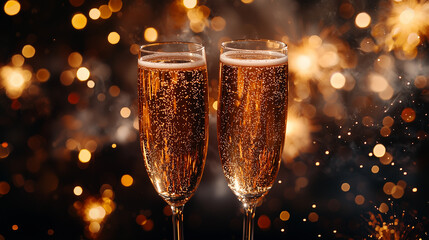 two glasses champagne with a festive background