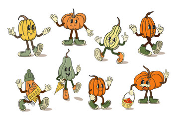 Old retro rubber hose pumpkin characters. Cute vintage characters in flat style isolated. Autumn concept illustration for posters, greetings, t shirt print
