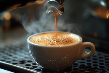 artisanal coffee preparation scene with rich aromatic espresso being poured into a stylish cup steam rises creating a sensory atmosphere that celebrates the craft and ritual of coffee making