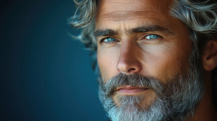 Handsome middle-aged man with silver hair and blue eyes gazing confidently in a studio portrait. Mature male model, confident look, mature beauty, professional photography, stylish fashion appearance.