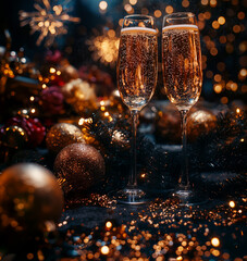 two glasses champagne with a festive background