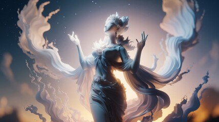 Gothic lady with dark hair and latex face, dancing in a night party