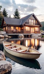 rest on the shore by the lake. A house by the lake and a boat moored nearby for skiing. Beautiful landscape background
