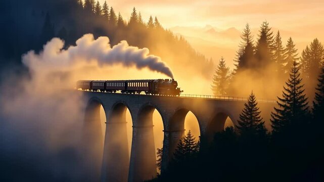 A nostalgic steam train crossing a viaduct at dawn amidst a foggy forest, evoking sentiments of Christmas travel and autumnal adventures