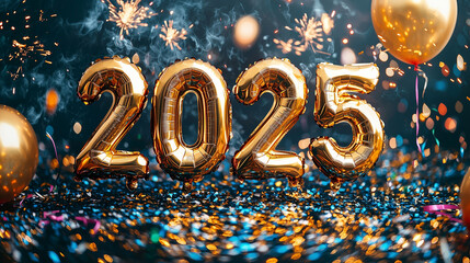 lettering "2025" made out of golden foil balloons for a new year wallpaper