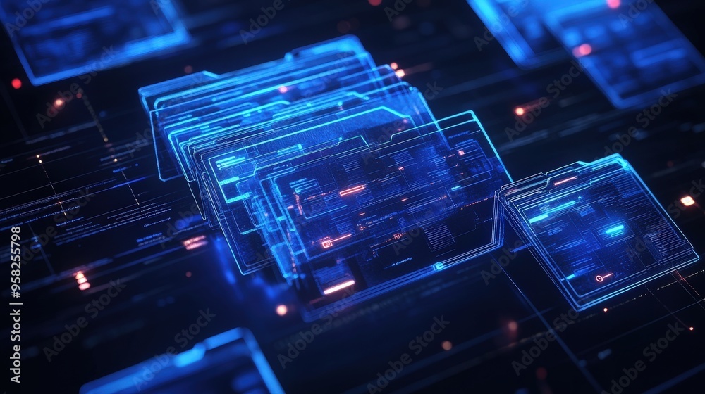 Poster abstract network grid with files and folders, futuristic software interface, digital document manage