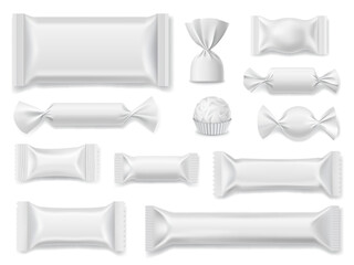 Candy package mockup, vector sweets, chocolate and dessert snack food packs. Isolated 3d white plastic bags, wrappers and sachets, pouches and paper cup, candies and chocolate bars packaging mockups