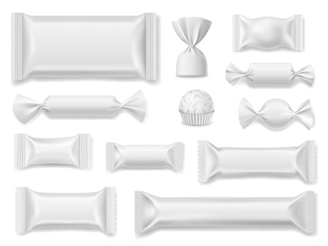Candy package mockup, vector sweets, chocolate and dessert snack food packs. Isolated 3d white plastic bags, wrappers and sachets, pouches and paper cup, candies and chocolate bars packaging mockups